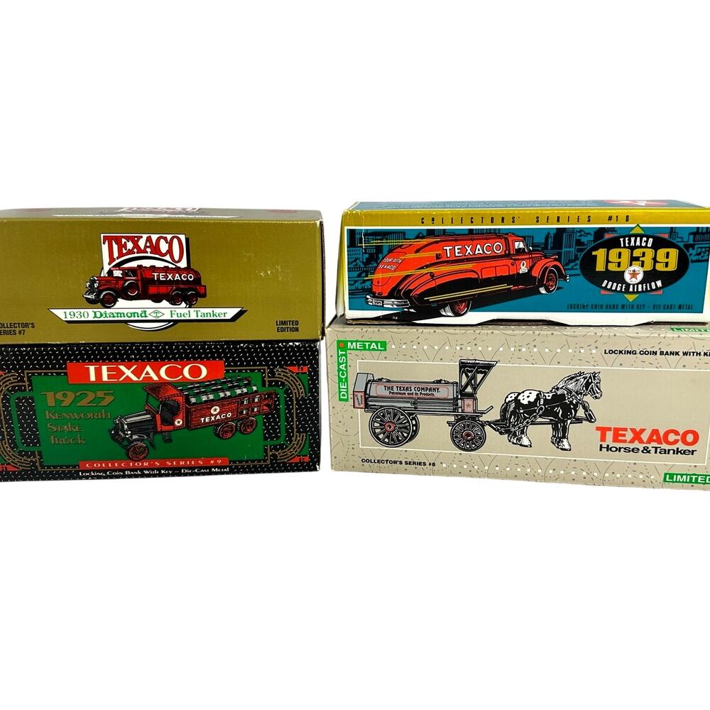 Lot of 4 Texaco Collectible Coin Bank Trucks 1990 thru 1993 New in Box-Excellent
